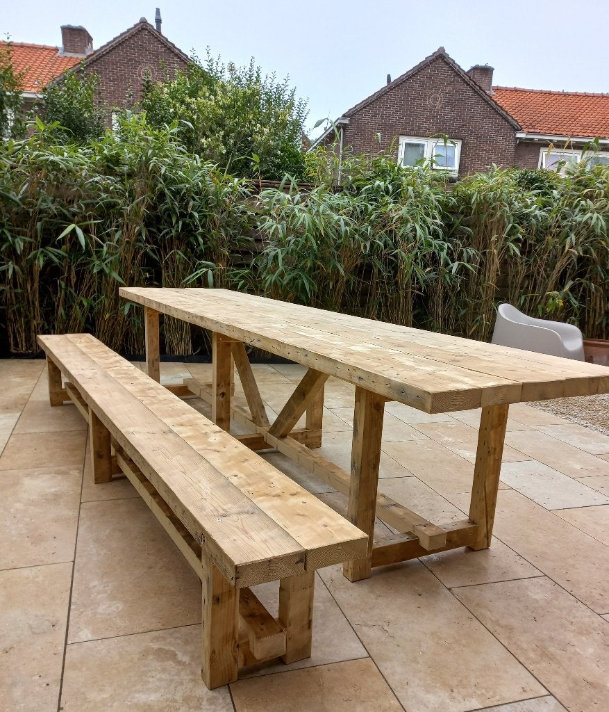 Zeer grote picknicktafel tuintafel balken sloophout op maat., Ophalen, Nieuw, Hout