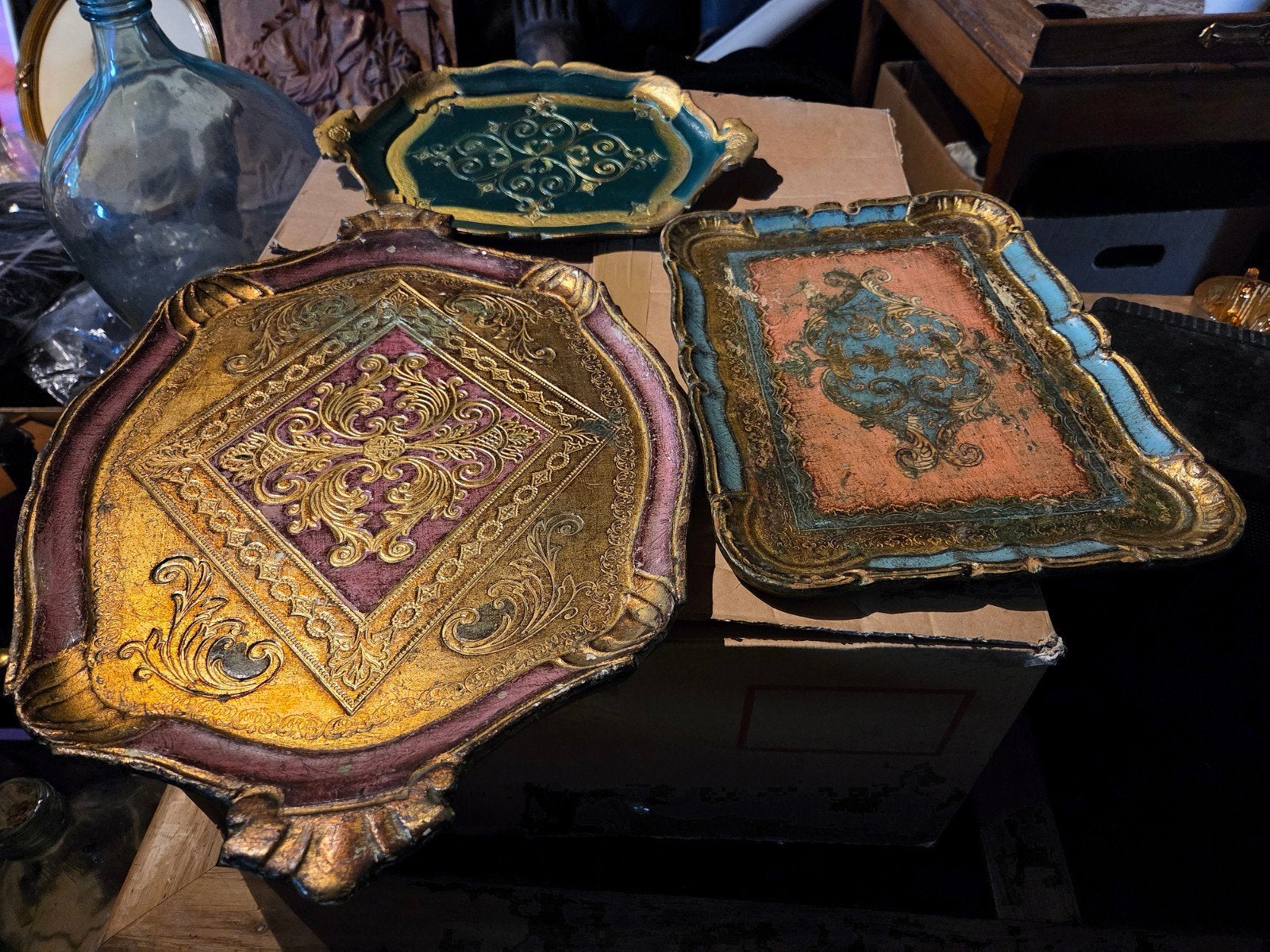 3 Florentijnse dienbladen, Antiek en Kunst