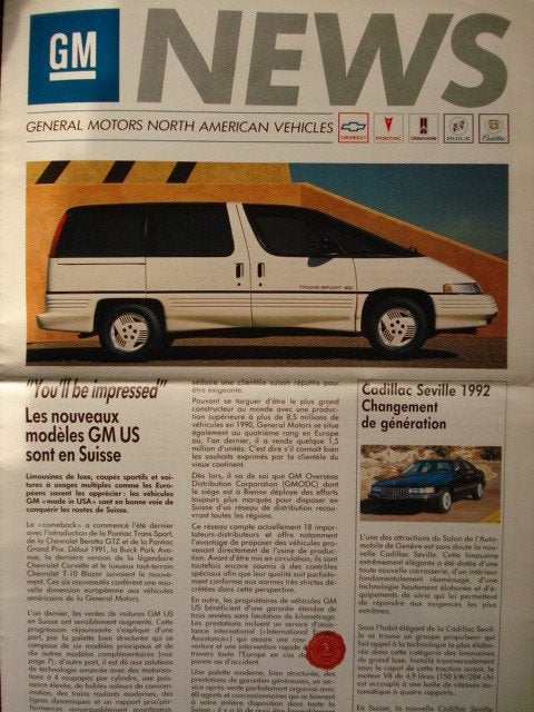 GM News Chevrolet/Pontiac/Buick/Cadillac 1991 range Brochure, Envoi, Comme neuf, Chevrolet