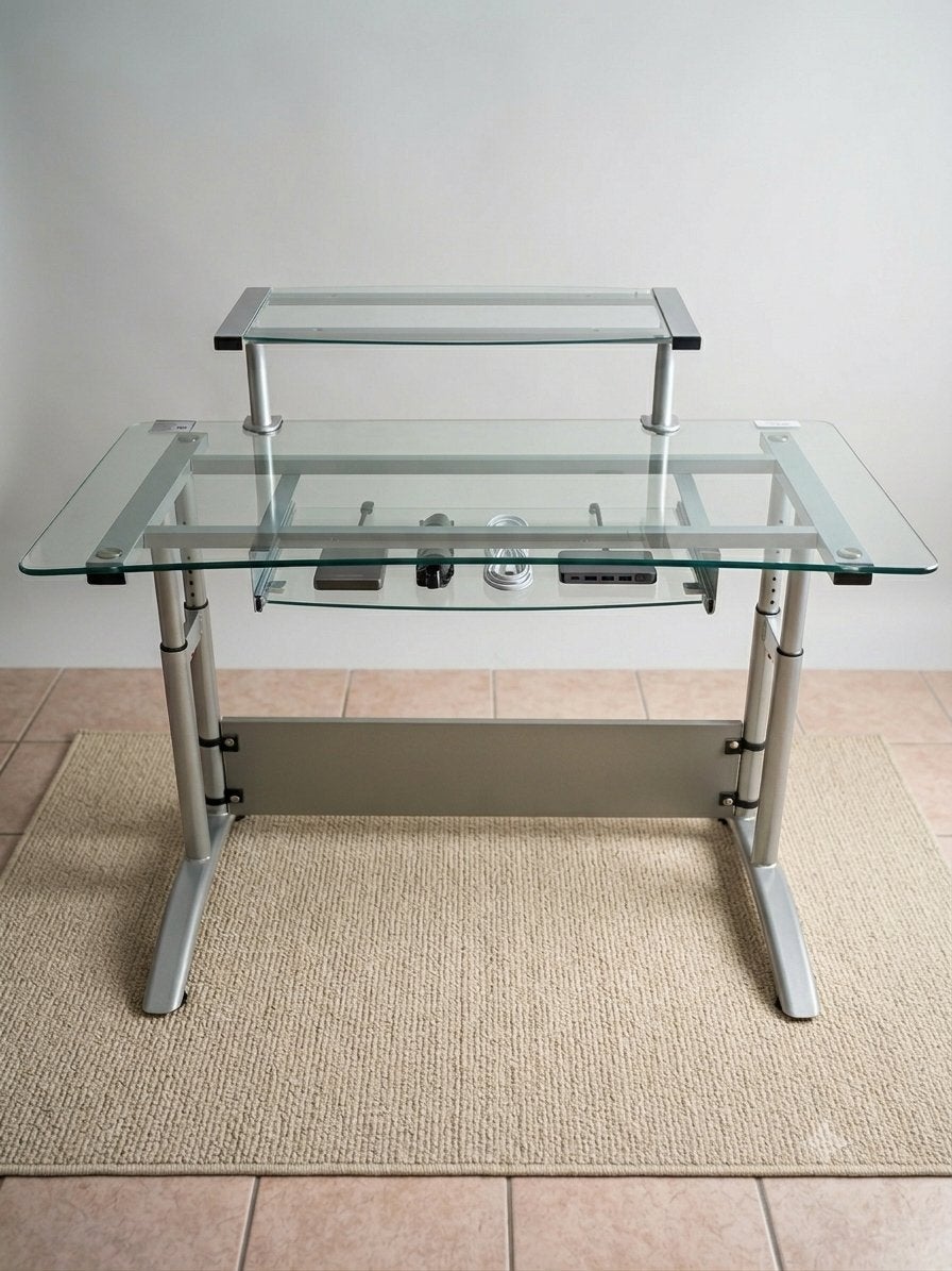 Bureau en verre et métal fonctionnel, Enlèvement, Gris, Verre
