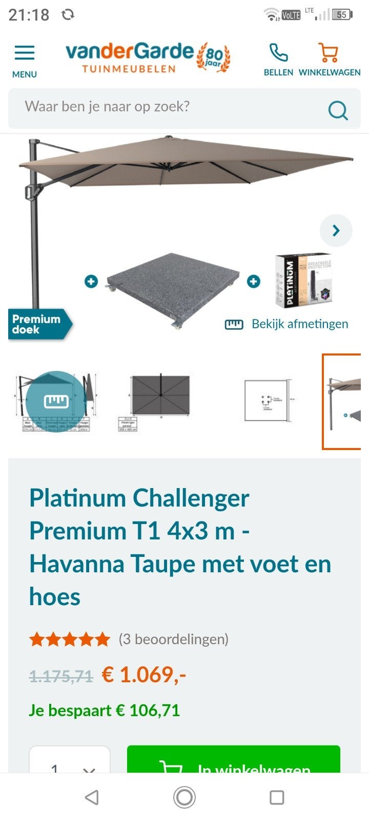 ZweefParasol 4 op 4  tape met zwarte voet, Tuin en Terras, Ophalen, Zweefparasol