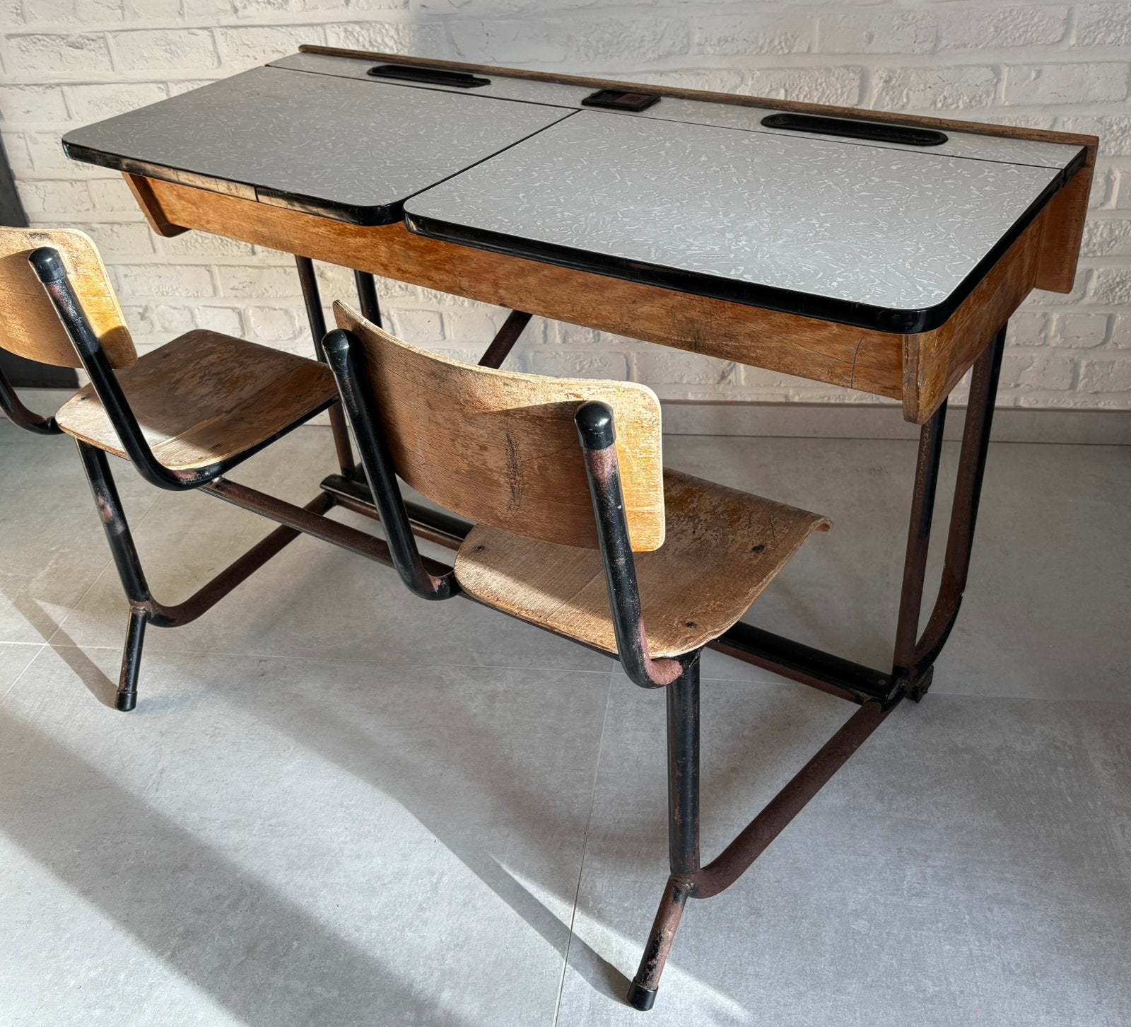 Authentiek schoolbankje voor 2 Personen met opbergruimte, Bureau d'écolier, 120 cm, Vintage, Utilisé