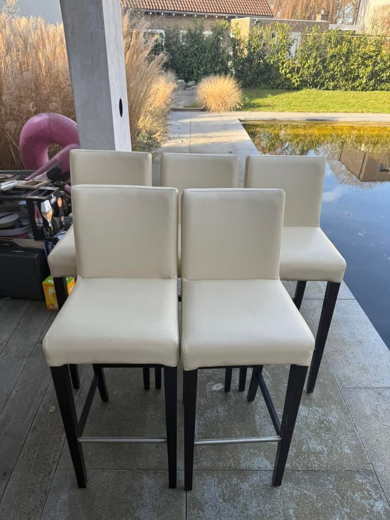 5 Barkrukken leder beige, Ophalen, 5 krukken of meer, Met voetsteun, 60 tot 90 cm