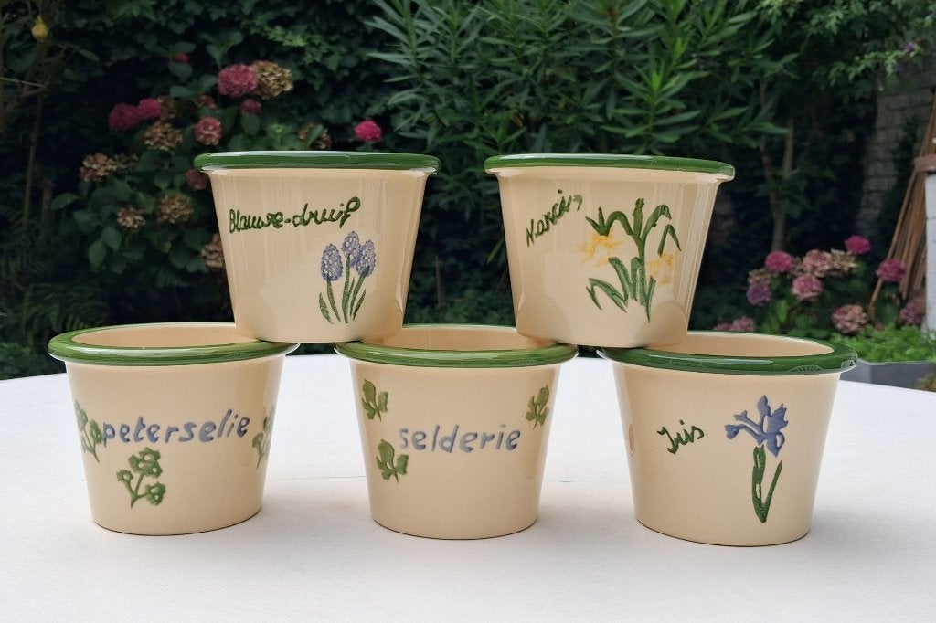 5 geglazuurde, handgeschilderde bloempotten, Tuin en Terras, Bloempotten, Ophalen, Overige materialen, Rond, Zo goed als nieuw