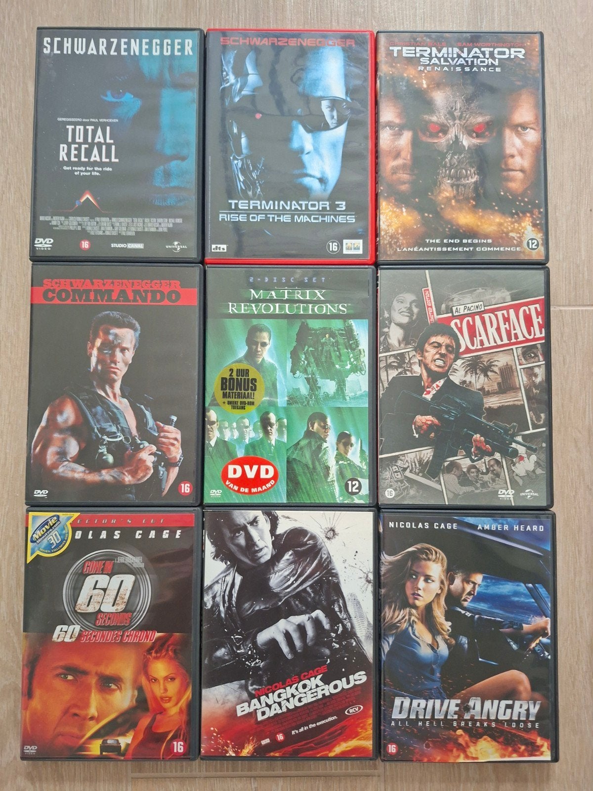9 Actie DVD’s – Arnold Schwarzenegger, Nicolas Cage, Matrix, Action, Enlèvement ou Envoi, Anglais, À partir de 12 ans