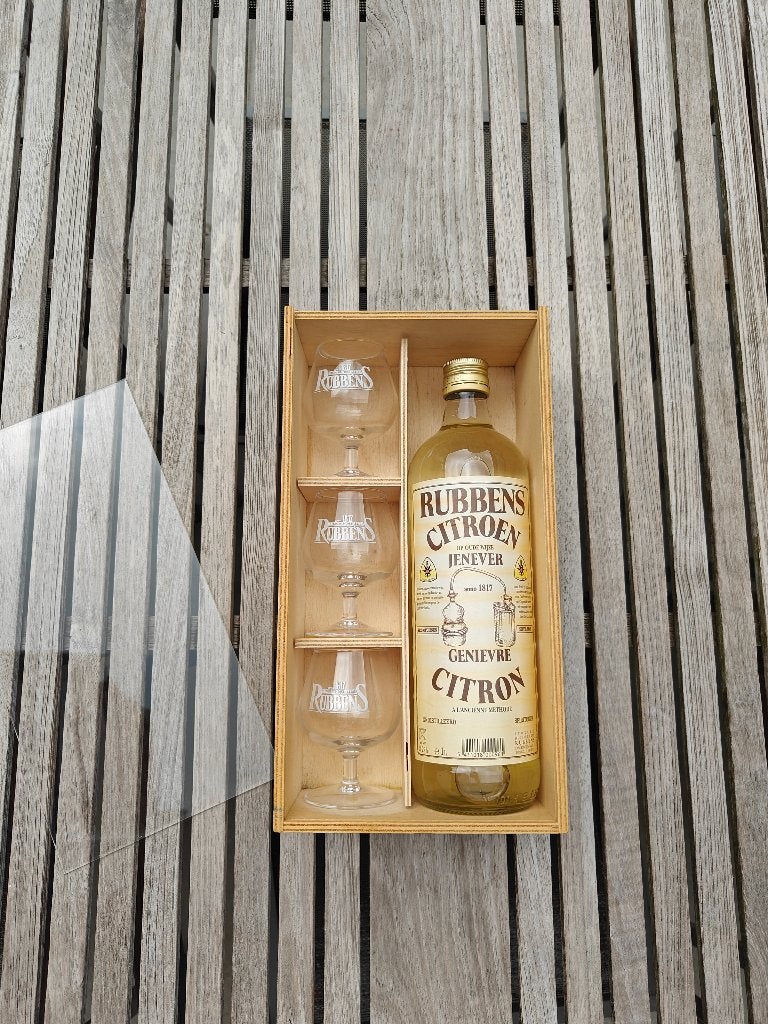 Rubbens Citroen Jenever met drie glazen, Verzamelen, Glas en Drinkglazen, Ophalen, Nieuw