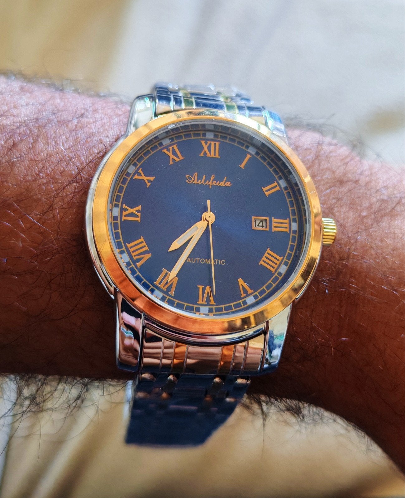 Montre automatique élégante pour homme, modèle bleu & or,, Verzenden, Waterdicht, Nieuw, Blauw