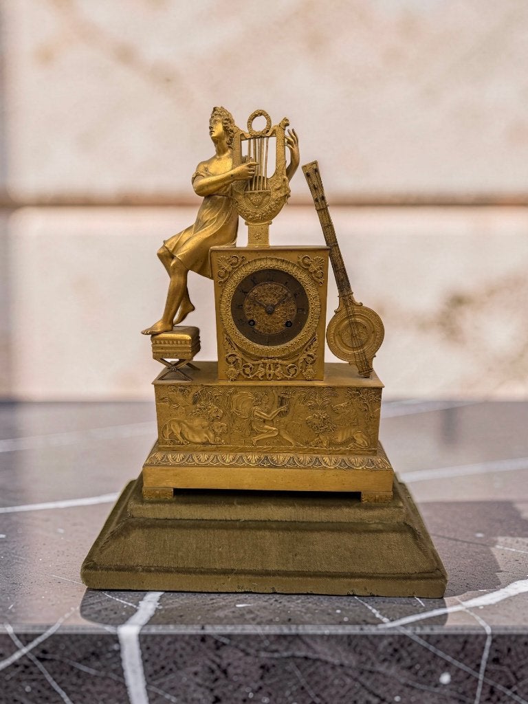Orpheus Empire klok met lier - 19e eeuws verguld brons, Ophalen of Verzenden