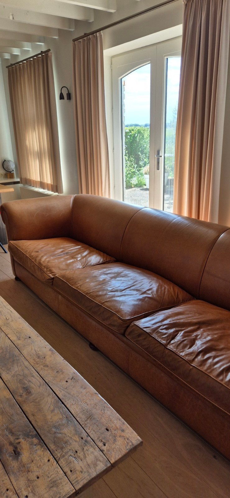 Vintage design bank in karaktervol cognac leer, Ophalen, Leer