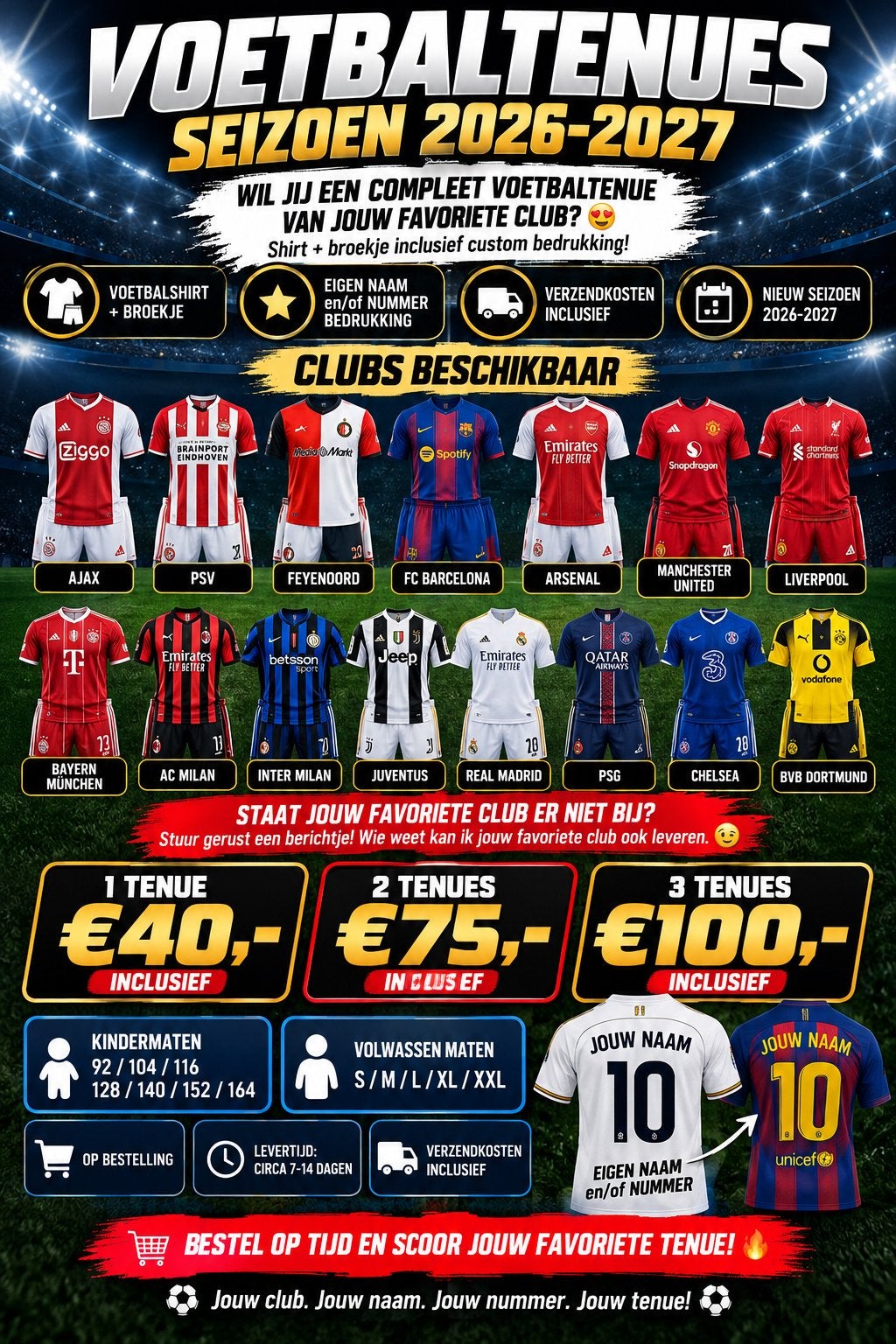 ️Voetbaltenue Shirt+Broekje+Bedrukking€40,-incl verzending, Ophalen of Verzenden, Nieuw, Set