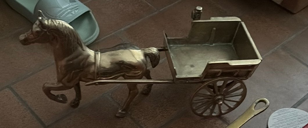 Massief messing paard met kar 3kilo zwaar, Ophalen