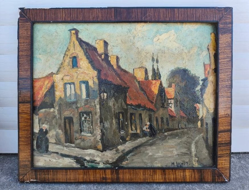 Huile sur carton ruelle flamande signe Max legout, Antiquités & Art, Enlèvement ou Envoi