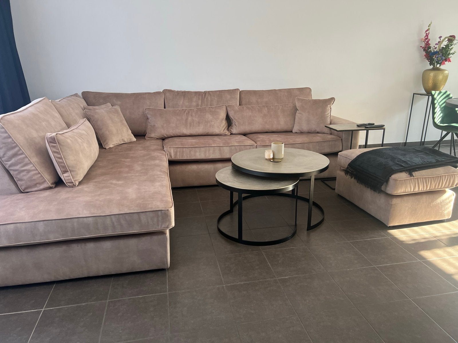 Velvet Hoekzetel + Poef te Koop – Cappuccino Bruin, Huis en Inrichting, Ophalen, Zo goed als nieuw, Stof