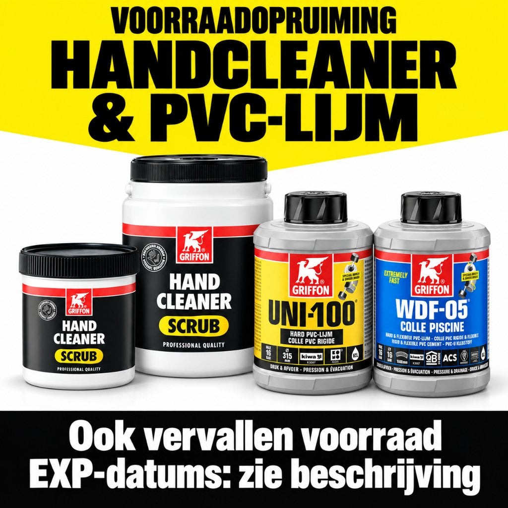 Handcleaner, Blue Gel en PVC-lijm: voorraad met EXP-datums