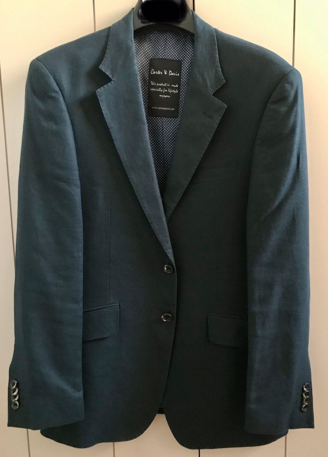 Kostuum: Linnen blauwe blazer met broek maat 46 small, Ophalen, Zo goed als nieuw, Maat 46 (S) of kleiner, Blauw