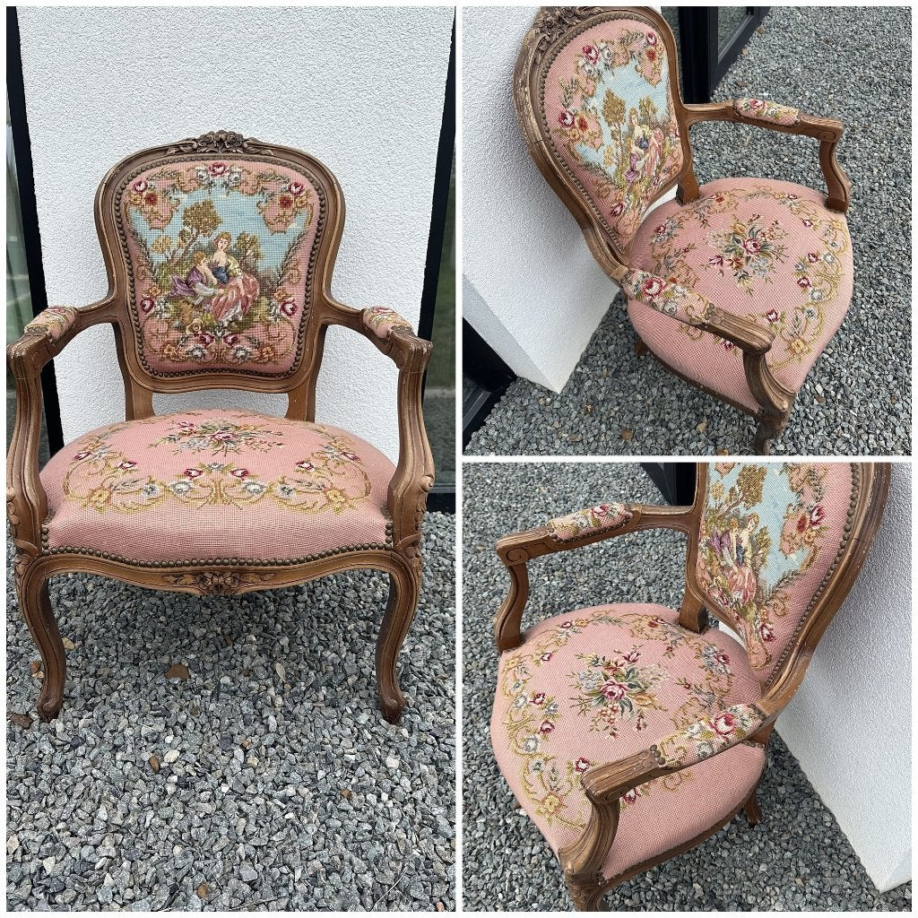 Louis XV fauteuil petit point, romantisch tafereel, Maison & Meubles, Enlèvement, Utilisé, Tissus