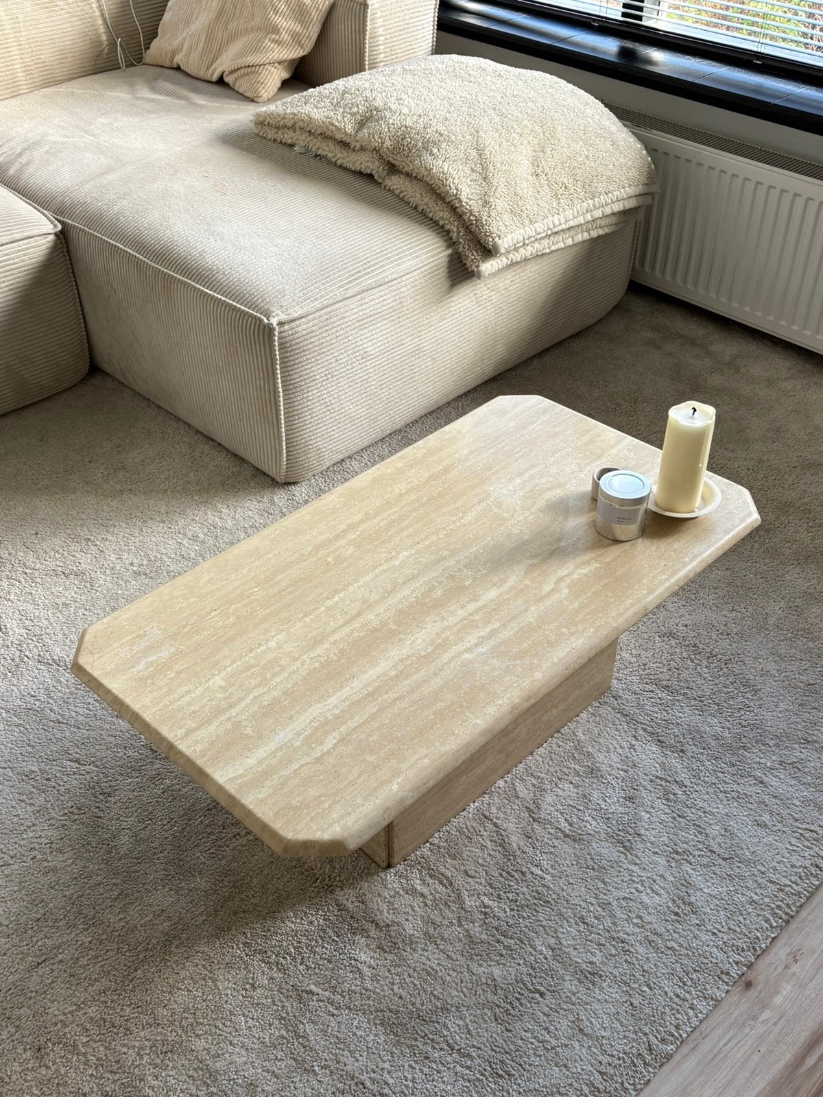 Massief travertin salontafel 100x55x37 cm, Ophalen, Overige materialen, Gebruikt, 100 tot 150 cm