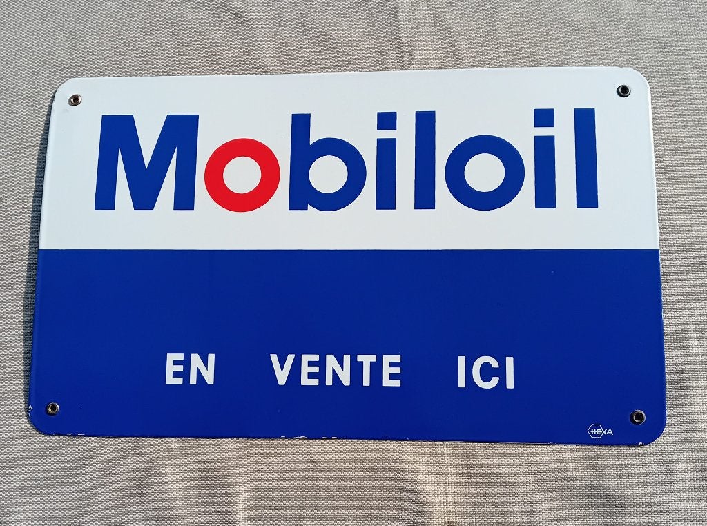Emaille reclamebord Mobiloil (Hexa) ca 1950, Verzamelen, Ophalen of Verzenden, Zo goed als nieuw, Reclamebord