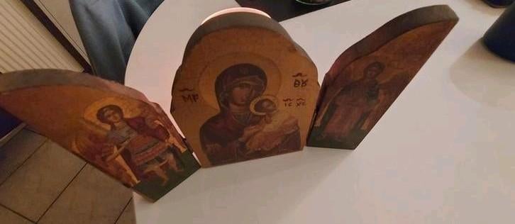 Byzantijnse ikoon  triptiek in hout, Antiek en Kunst, Ophalen of Verzenden