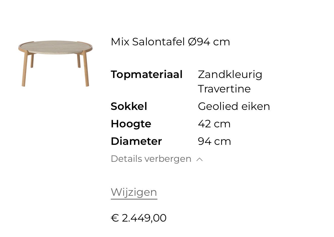 Bolia mix travertin eik salontafel, Neuf, Rond, 50 à 100 cm, Enlèvement