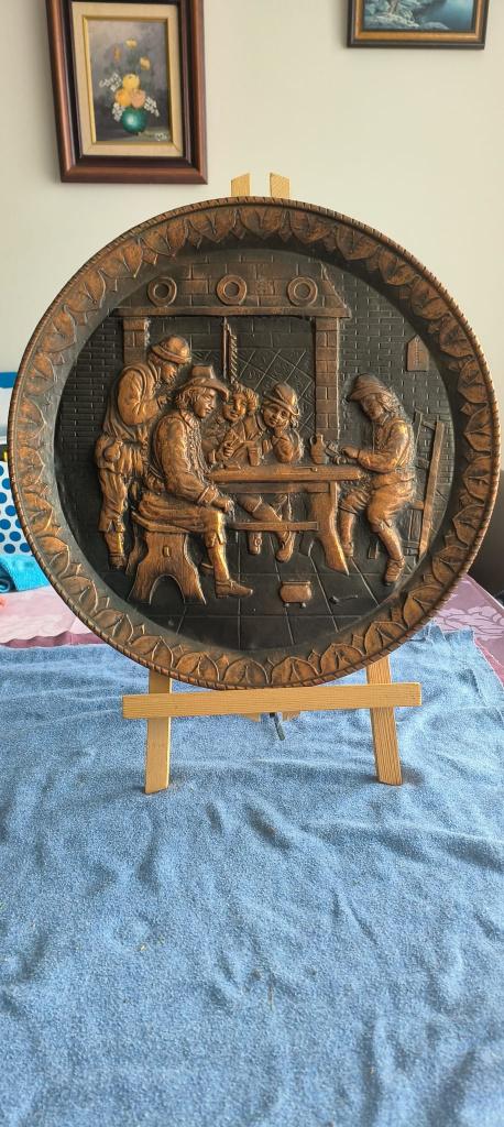 Vintage koperen wandbord van een "Cafétafereel", Ophalen, Koper
