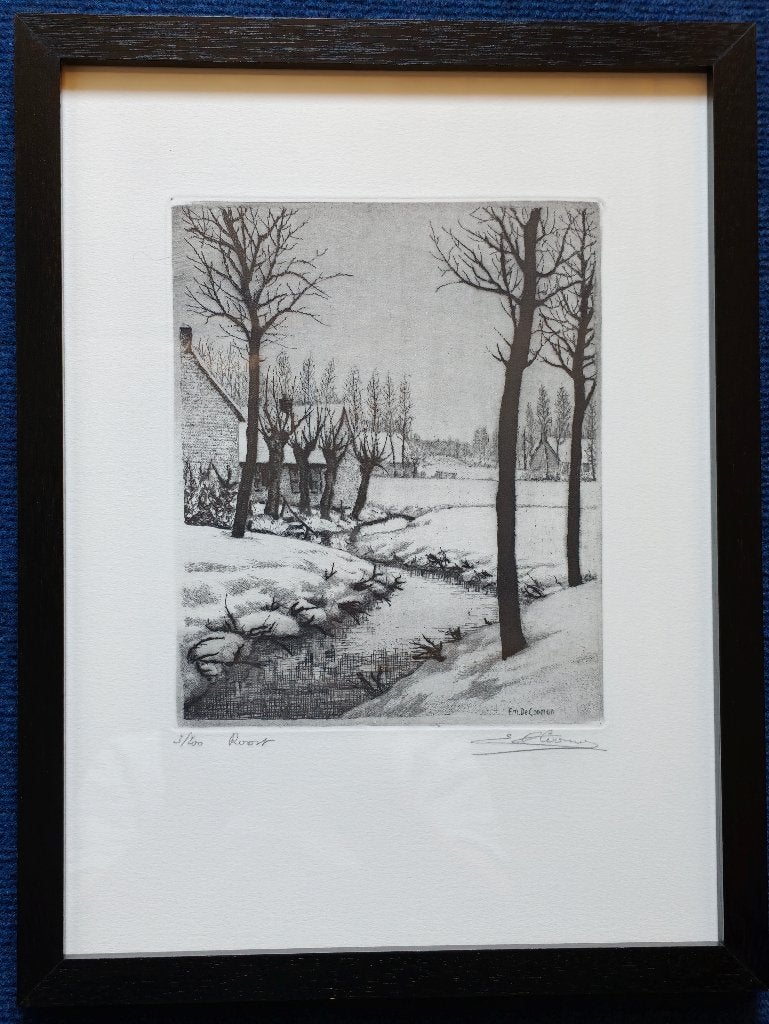 Gravure originale Emiel De Cooman (1985), Antiquités & Art, Eau-forte, 1950 - 1999, Paysage, Numéroté