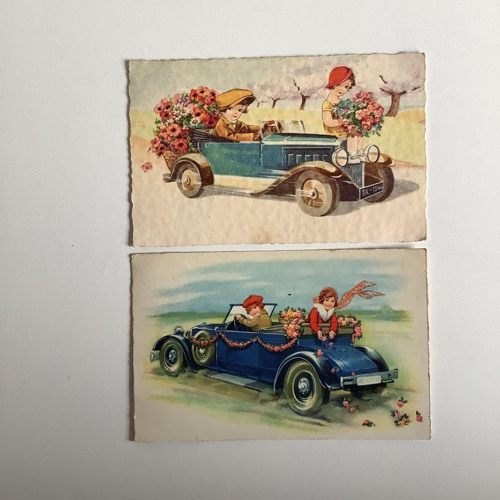 2 belles cartes postales anciennes voitures et enfants, Enlèvement ou Envoi, 1920 à 1940, Affranchie, Véhicule