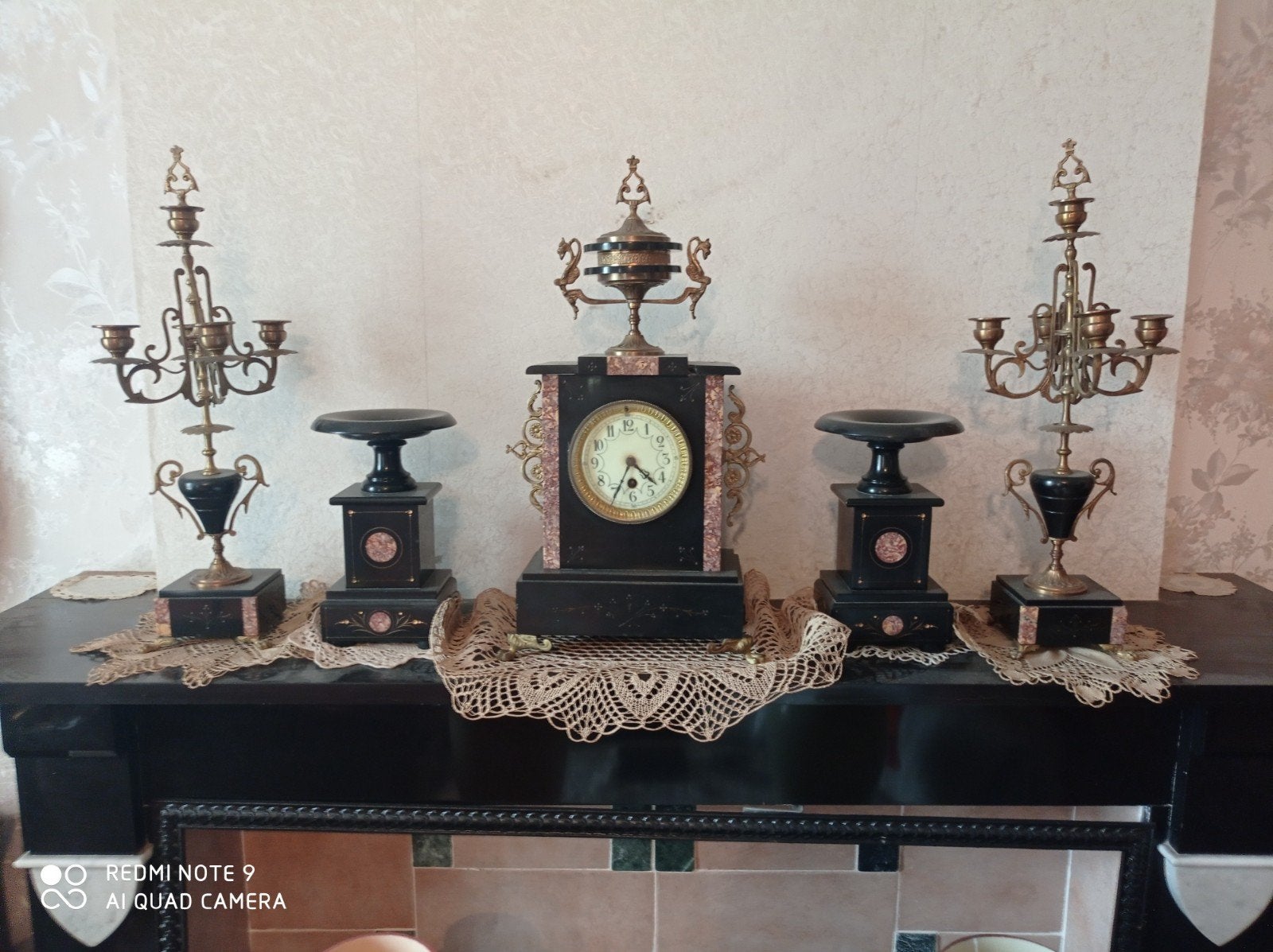 Superbe ensemble horloge & accessoires de cheminée 5 pièces, Enlèvement ou Envoi
