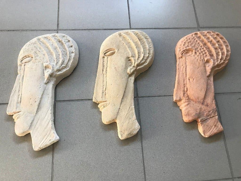 Muurdecoratie 3-luik koppen - eigen werk - uniek, Ophalen, Wandsculptuur, Gebruikt, Meerkleurig