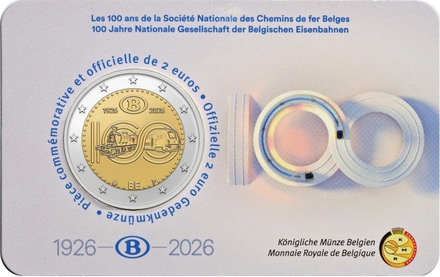 coincard 2 euro België 2026 100 jaar NMBS Frans, Verzenden, België, 2 euro