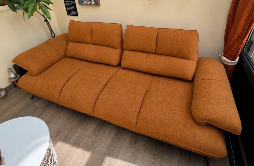 verstelbare stoffen 3-zit zetel golden Yellow, Ophalen, 100 tot 125 cm, Driepersoons, Zo goed als nieuw