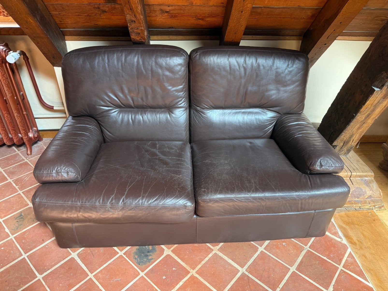 Bruine leren zetel 2-zit, Huis en Inrichting, Ophalen, Gebruikt, Vintage neutraal, 150 tot 200 cm