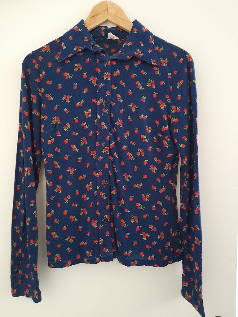 Vintage bloes - bloemen motief - 1970, Kleding | Dames, Topjes, Blauw, Ophalen of Verzenden, Lange mouw, Maat 36 (S)