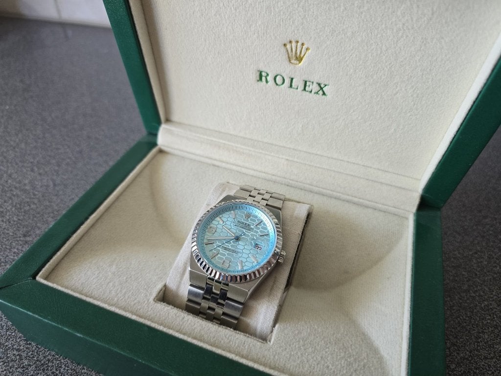 Prachtige Rolex Day-Da IJsblauwe Wijzerplaat., Ophalen, Staal, Polshorloge, Zo goed als nieuw
