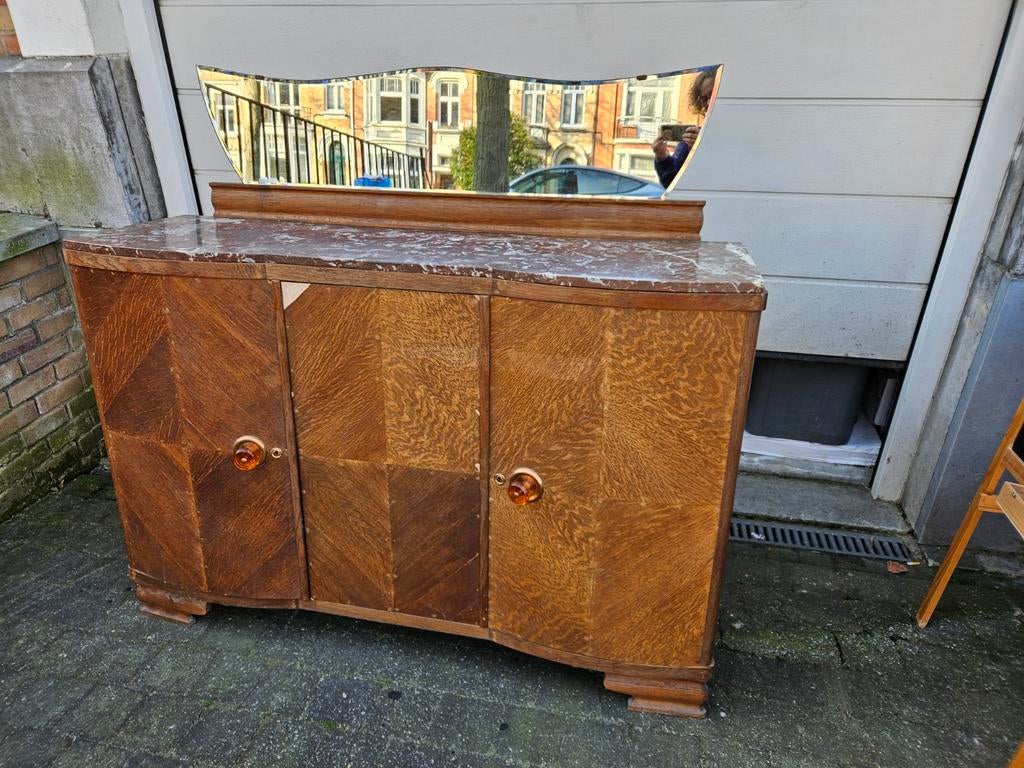 Buffet en marqueterie, plaque en marbre et miroir biseauté, Utilisé, 50 à 75 cm, 150 à 200 cm, Avec tiroir(s)