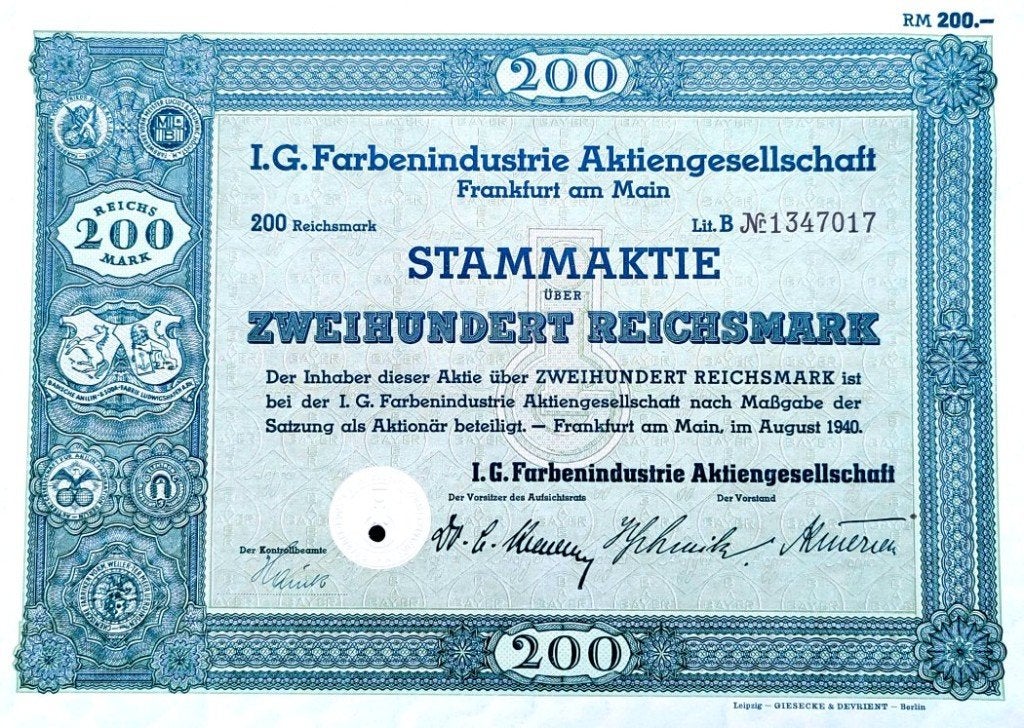 Origineel IG FARBEN (Zyklon B) 1940 aandeel!, Enlèvement ou Envoi, Autres types
