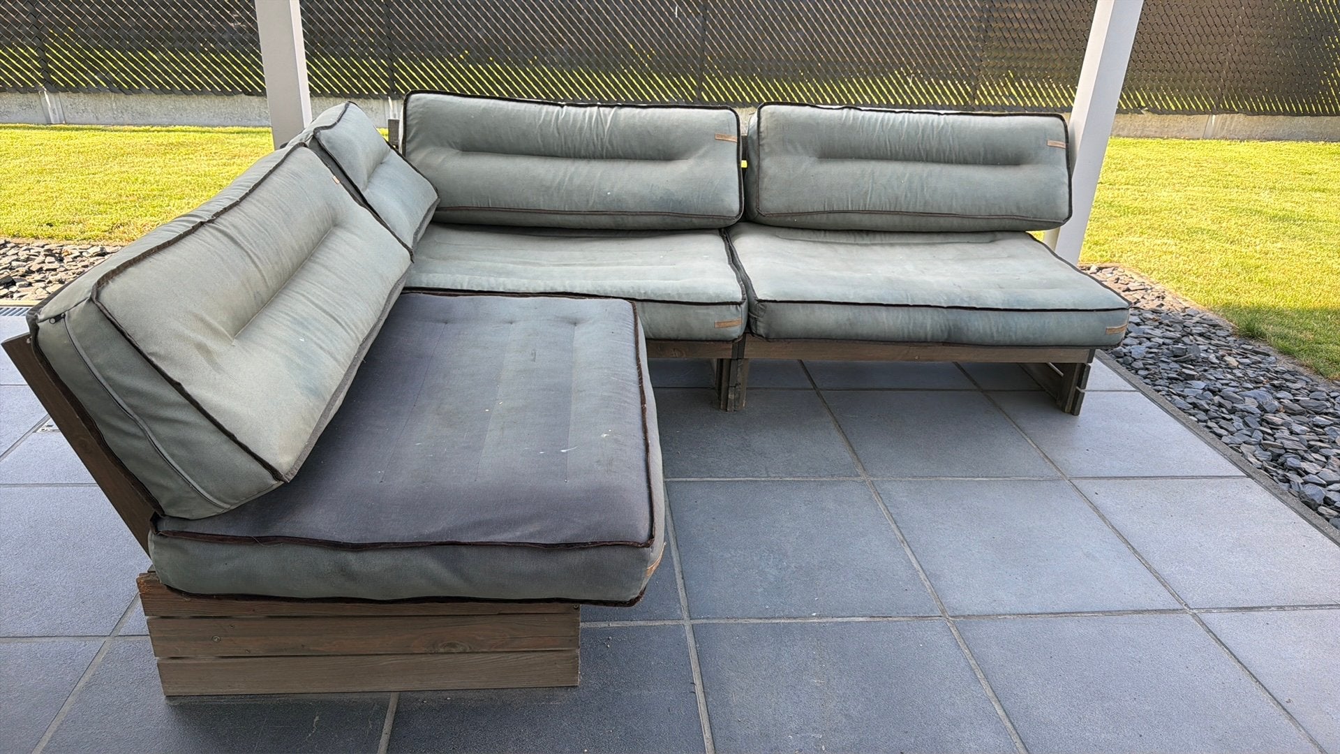 Lounge set houten palletten en outdoor kussens, Tuin en Terras, Ophalen, Gebruikt, 6 zitplaatsen, Loungeset