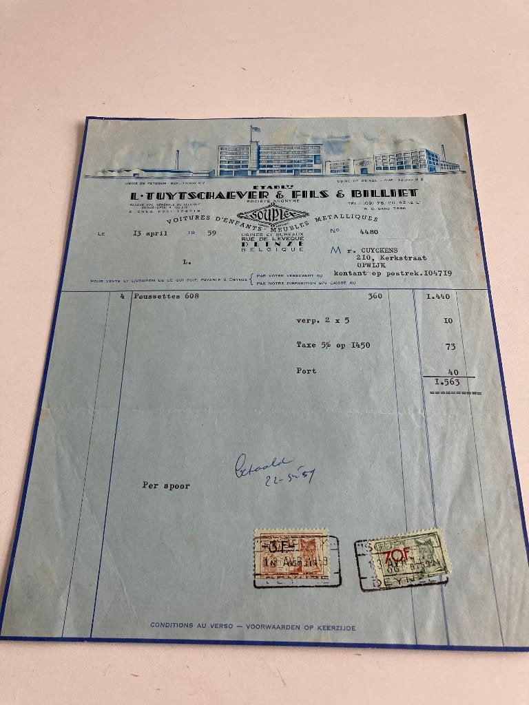 Oud factuur Tuytschaever &( Souplex ) DEINZE 1959 speelgoed, Ophalen of Verzenden, Gebruikt, Overige typen