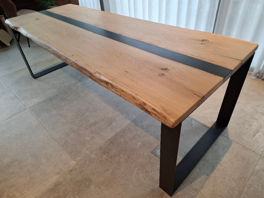Table de salle à manger en chêne avec insert métallique, Ophalen, 200 cm of meer, 50 tot 100 cm, Zo goed als nieuw
