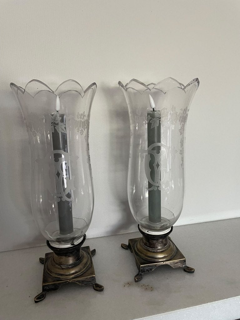 2 antieken windlichten, Maison & Meubles, Autres marques, 26 cm, Photophore, Verre