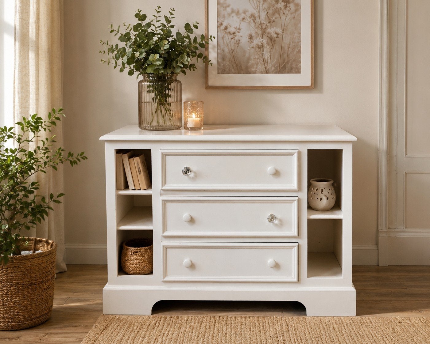 Witte kast / dressoirkast met 3 laden en opbergvakken, Ophalen, Met plank(en), Gebruikt, 100 tot 150 cm