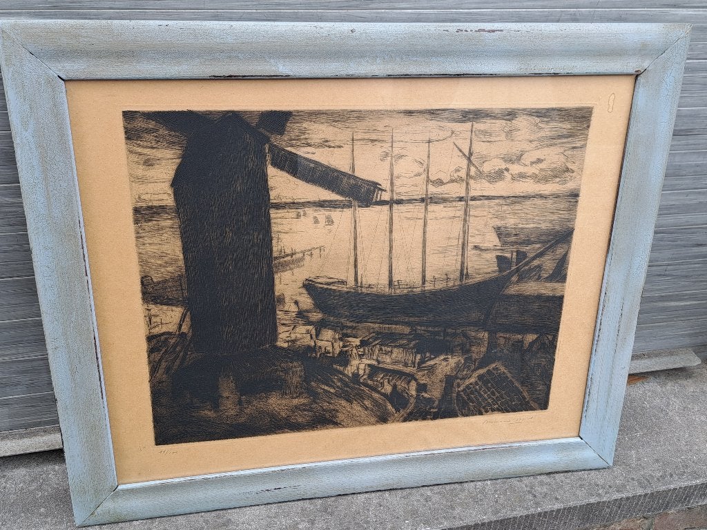 Gravure bateau au port signe armand apol, Antiquités & Art, Enlèvement ou Envoi, Gravure