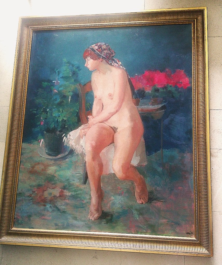 Zittend beschaafd naakt in interieur '76 - model Leny ?, Antiek en Kunst, Ophalen, Doek, Portret of Personen, Impressionistisch
