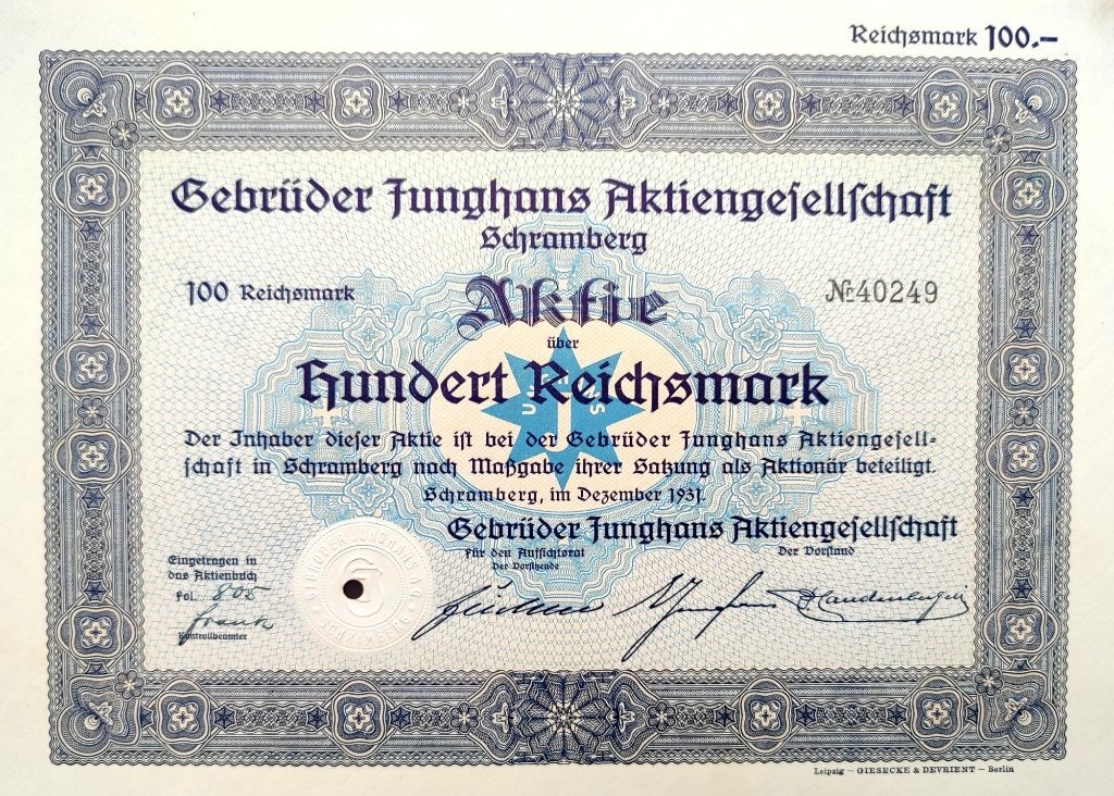 Origineel JUNGHANS (klokken & horloges) aandeel uit 1931, Postzegels en Munten, Aandelen en Waardepapieren, Ophalen of Verzenden