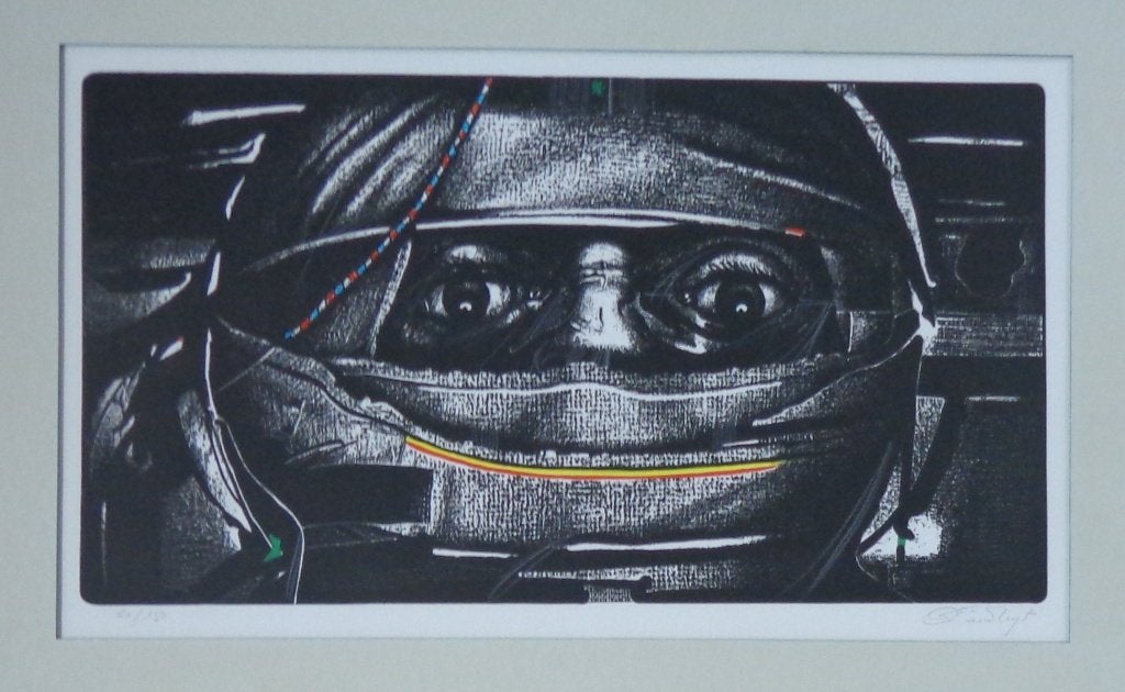 OCTAVE LANDUYT / AUTOPILOOT / KLEURLITHO / 45x65cm / KADER, Gesigneerd, Ophalen of Verzenden