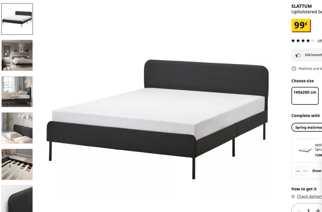 Bed + matras Ikea 140x200 cm, Matelas, Queen size, 140 cm, Enlèvement