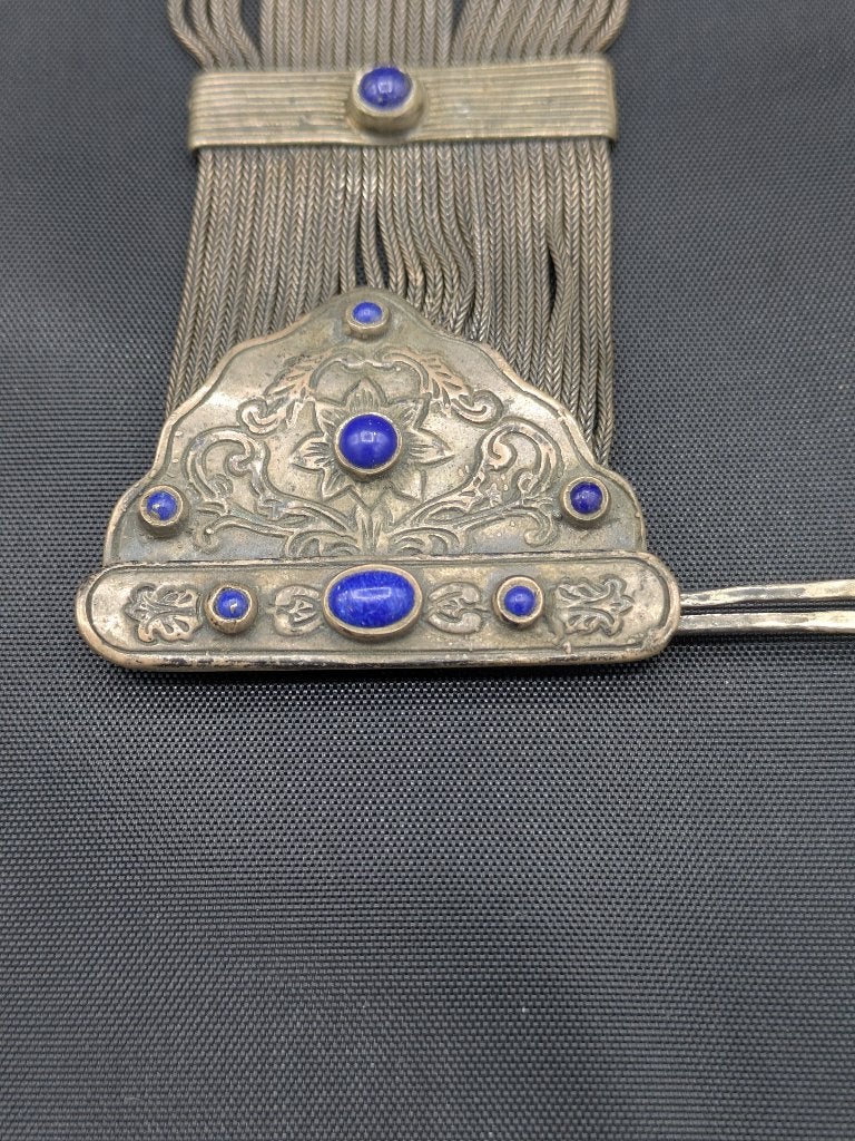 Bracelet manchette ancien en argent et lapis-lazuli, Enlèvement ou Envoi, Argent, Bracelet, Avec pierre précieuse