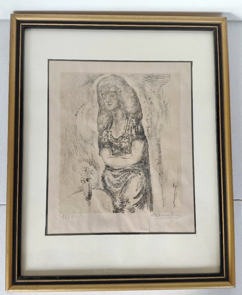 Litho originale Achiel Vereecken portret v.e. vrouw n°19/30, Avec verre, Enlèvement ou Envoi, Lithographie, Portraits et figures