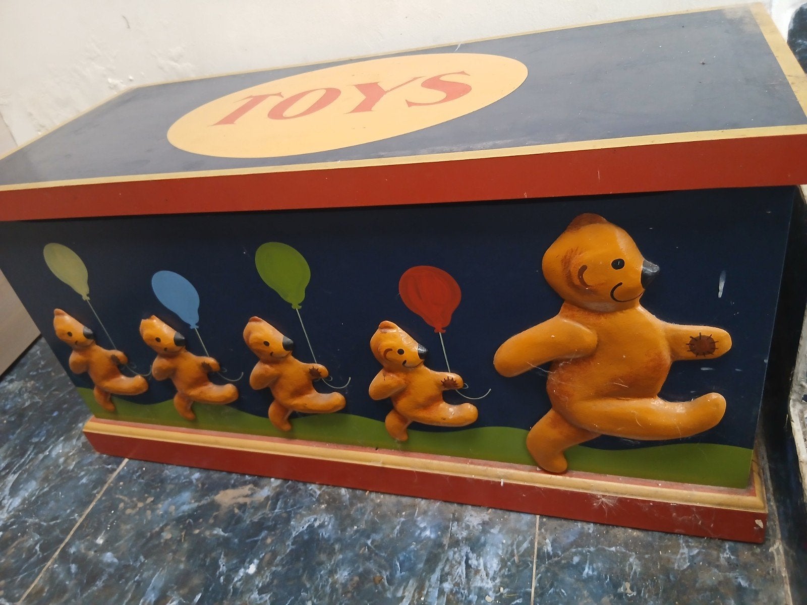 Prachtige Vintage Houten Speelgoedkist met 3D Teddyberen, Ophalen