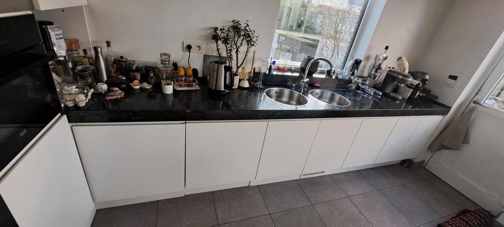 Graniet natuursteen keukenblad, Huis en Inrichting, Ophalen, Gebruikt, Zwart, 200 cm of meer